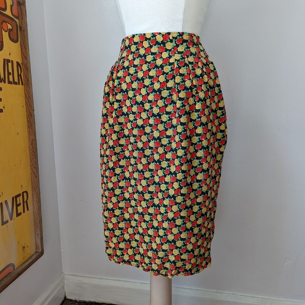 Vintage Red and Gold Rose Silk Pencil Skirt- 28" Waist